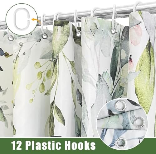 Eucalyptus Shower Curtain, Aesthetic Art Watercolor Plant Leaves with Floral Bathroom Decor, Waterproof Fabric Cloth Bath Curtain Set with Hooks (Green, 72" W x 72" L)