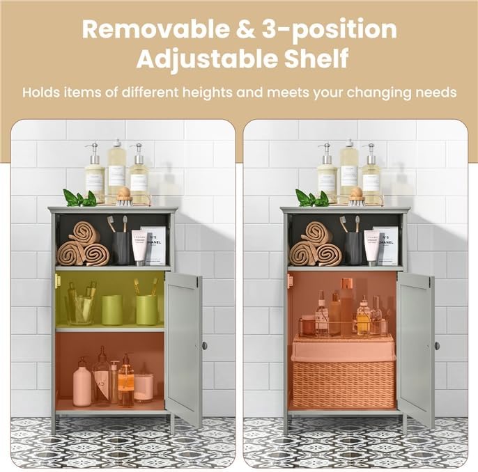 LDAILY Bathroom Cabinet, Freestanding Small Cabinet with Door, 3-Position Adjustable and Removable Shelf, Anti-Tipping Device, Wooden Floor Organizer for Bathroom, Kitchen, Office (Gray)