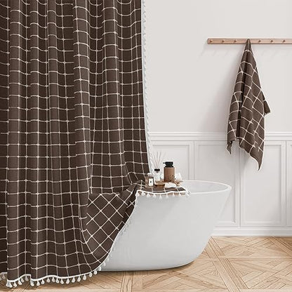BTTN 54x78 Boho Farmhouse Linen Heavy Duty Fabric Shower Curtain Set, Brown