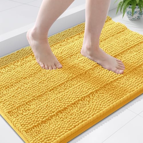 Grandaily Chenille Striped Bathroom Rugs 36x24, Extra Thick and Soft Absorbent Bath Mats, Rubber Backing, Plush Shaggy Shower Carpet, Machine Wash Dry, Bath Rug for Bathroom, Light Yellow