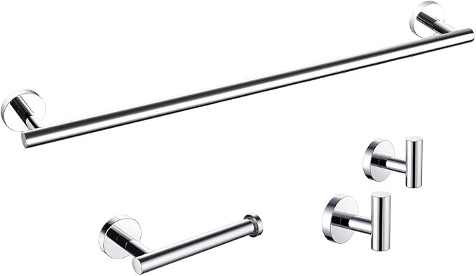 Miyili 4-Pieces Polished Stainless Steel Bathroom Hardware Set Wall Mounted - Includes 24" Towel Bar, Toilet Paper Holder, 2X Robe Hooks, BS01C4B