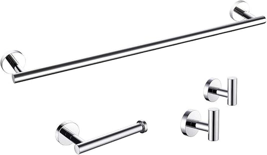 Miyili 4-Pieces Polished Stainless Steel Bathroom Hardware Set Wall Mounted - Includes 24" Towel Bar, Toilet Paper Holder, 2X Robe Hooks, BS01C4B