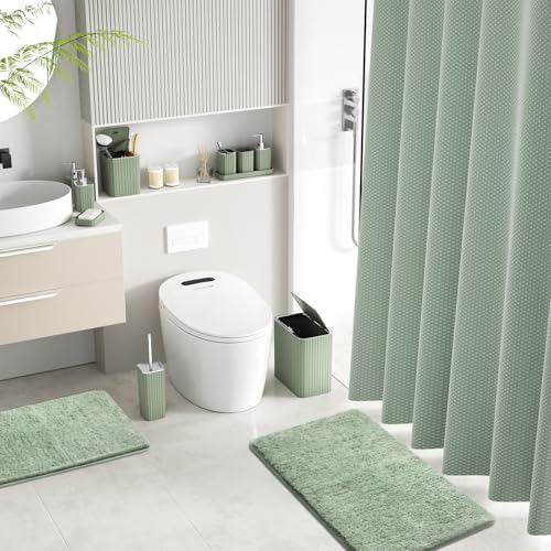 Bathroom Accessory Set - Bathroom Sets with Shower Curtain and Rugs, Sage Green Bathroom Set, 27PC Bathroom Accessories Set, Mini Trash Can, Toilet Brush, Trash Can & Soap Dispenser