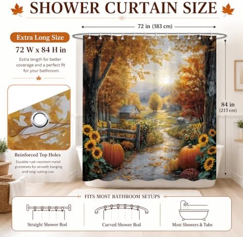 Autumn Country Road Shower Curtain, 72 x 84 Inch Fall Landscape Bathroom Curtain with Pumpkins, Sunflowers, Trees and Farmhouse Path Decor