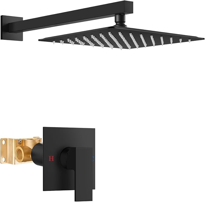 Airuida 10 Inch Matte Black Shower Faucet Set,Shower Valve Kit | Rainfall Shower Head and Handle Set,Female Thread Rough-in Valve Shower Kit,Single Function Shower System