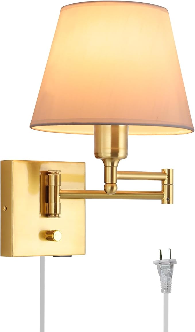 Bedside Wall Mount Light with Dimmable Switch, Swing Arm Fabric Shade Wall Sconce Light with USB Port and Plug in Cord, Gold Wall Lamp for Bedroom, Living Room and Hotel