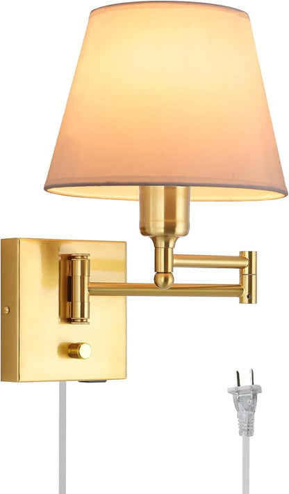 Bedside Wall Mount Light with Dimmable Switch, Swing Arm Fabric Shade Wall Sconce Light with USB Port and Plug in Cord, Gold Wall Lamp for Bedroom, Living Room and Hotel