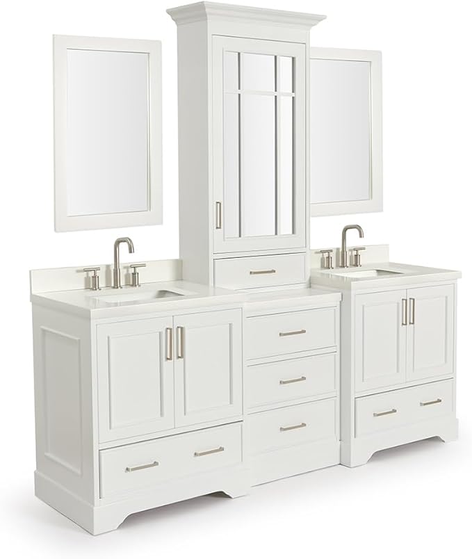 ARIEL Stafford 84-inch Bathroom Vanity with Sink,Solid Wood, 1.5-inch Pure White Quartz Countertop & Backsplash, Double Rectangular Porcelain Sink, 5 Soft Closing Doors, 6 Dovetail Drawers, White
