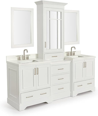 ARIEL Stafford 84-inch Bathroom Vanity with Sink,Solid Wood, 1.5-inch Pure White Quartz Countertop & Backsplash, Double Rectangular Porcelain Sink, 5 Soft Closing Doors, 6 Dovetail Drawers, White