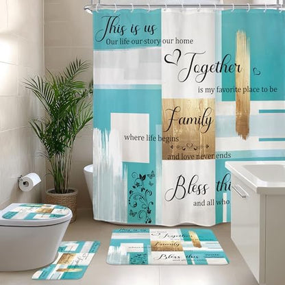 Teal Turquoise Aqua Gold Oil 4Pcs Bathroom Shower Curtain Set with Rugs