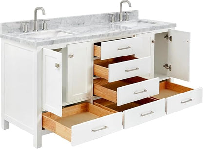 ARIEL Cambridge 66-inch Bathroom Vanity with Sink,Solid Wood, 1.5-inch Italian Carrara Marble Countertop, Double Rectangular Porcelain Sink, 4 Soft Closing Doors, 6 Dovetail Drawers, White