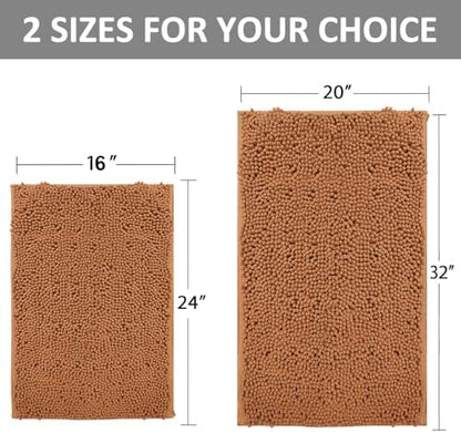 Champagne Chenille Bath Rug Set - 2 Piece Non-Slip Absorbent Shaggy Rugs, Bathtub Mat, Washable Bathroom Carpet for Tub, Shower, Washroom - 32x20 + 24x16 Inch