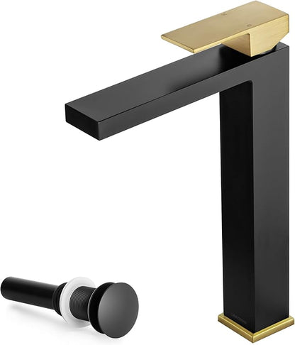 Matte Black and Brushed Gold Vessel Sink Faucet, Lava Odoro Single Handle Bathroom Faucet Single Hole Bathroom Sink Faucet Tall Bowl Sink Faucet with Drain Assembly, BF307-GB-T