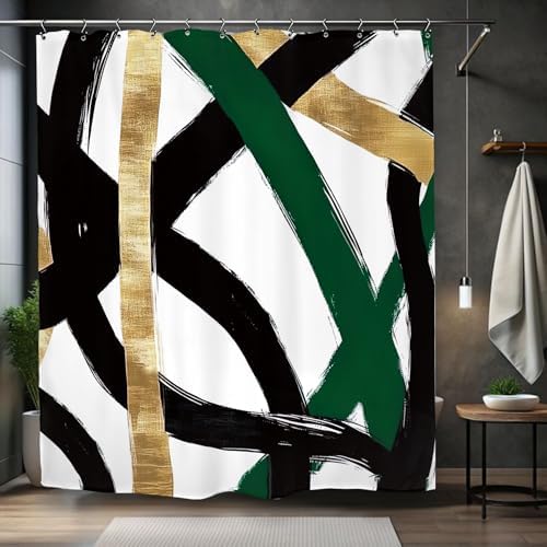 Abstract Emerald Green Black Gold Shower Curtain 60Wx72L Inch Modern Minimalist Contemporary Geometric Bathroom Set Accessories Decor with 12 Pack Hooks