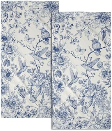 Chinoiserie Flowers Hand Towels Set of 2, Navy Blue Birds Floral Porcelain Decorative Bathroom Towel 28x14 Inch, Soft Absorbent Microfiber Wash Cloth for Kitchen Gym Hotel Home Decor