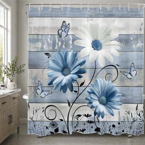 Farmhouse Blue Floral Shower Curtain, Retro Wood, 72W X 72L inches