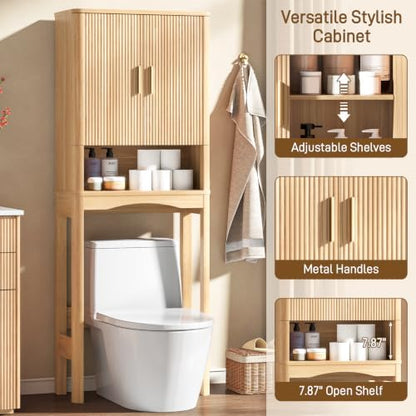 Vabches Farmhouse Over Toilet Storage Cabinet with 2 Fluted Doors,Natural