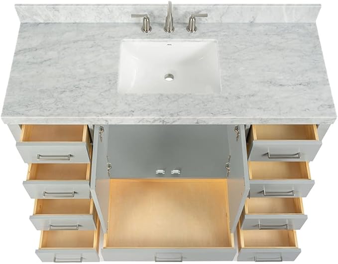 ARIEL Cambridge 54-inch Bathroom Vanity with Sink,Solid Wood, 1.5-inch Italian Carrara Marble Countertop, Single Rectangular Porcelain Sink, 2 Soft Closing Doors, 9 Dovetail Drawers, Grey