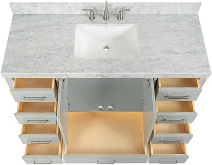 ARIEL Cambridge 54-inch Bathroom Vanity with Sink,Solid Wood, 1.5-inch Italian Carrara Marble Countertop, Single Rectangular Porcelain Sink, 2 Soft Closing Doors, 9 Dovetail Drawers, Grey