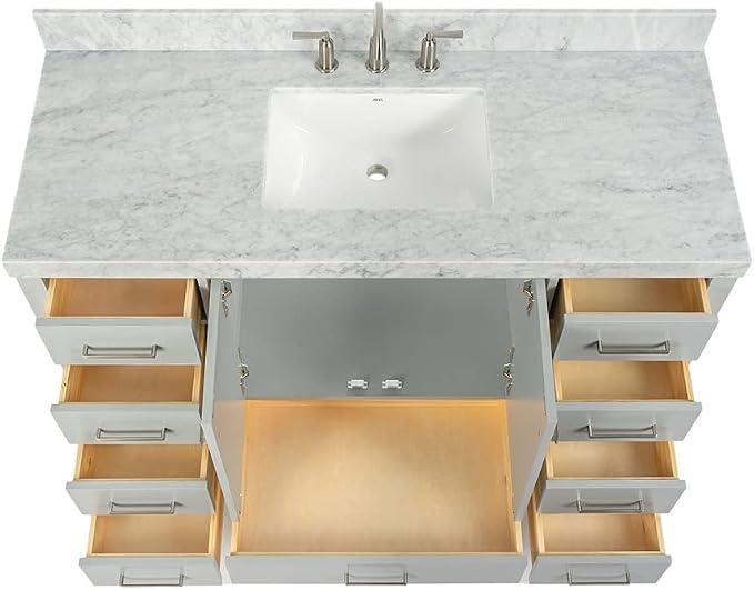 DKB Beckford 54-Inch Grey Bathroom Vanity with 1.5-Inch Edge Italian Carrara Marble Countertop & Backsplash, Center Rectangular Sink, 2 Soft Closing Doors, 9 Dovetail Drawers, Brushed Nickel