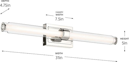 Kichler Laurene LED Linear Vanity Light, Polished Nickel | LED vanity light with clear fluted glass for mirrors, hallways and buffets (31" x 5"), 55239PNLED