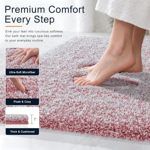 OLANLY Microfiber Bathroom Rugs 24x16, Quick Dry Mat, Deep Rose and White