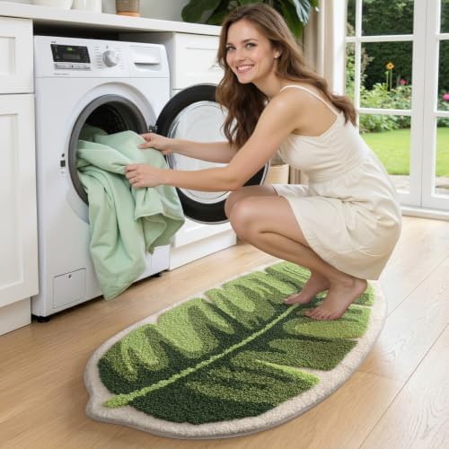 LUMI Cute Bathroom Rug Green Leaf, Absorbent Non Slip Bath Mat, 24"x48"