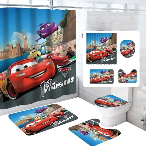Cute Cartoon Shower Curtain Set 4 Piece with Non-Slip Rugs, Toilet Lid Cover and Bath Mat Cartoon Bathroom Decor 72 x 72inch (Cars)