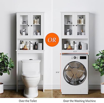 Over The Toilet Storage Cabinet for Bathroom, White Storage Organizer Over Toilet, Space Saver with Tempered Glass Doors, White