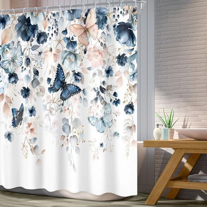 Blue Pink Floral Butterfly Spring Summer Bathroom Shower Curtain Set