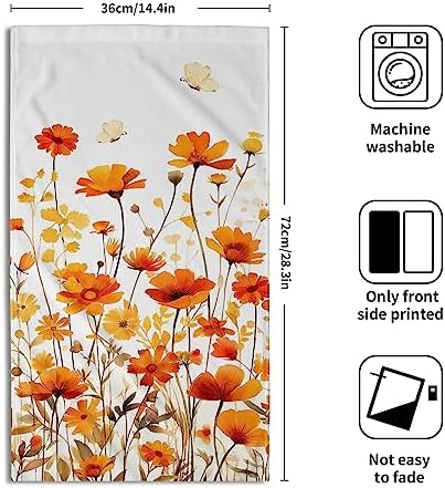 Fall Floral Hand Towels Set of 2, 28 x 14 Inch Autumn Orange Wildflowers Leaves Plant Bathroom Towel Soft Absorbent Kitchen Hotel Spa Gym Towel Thanksgiving Decor Gifts
