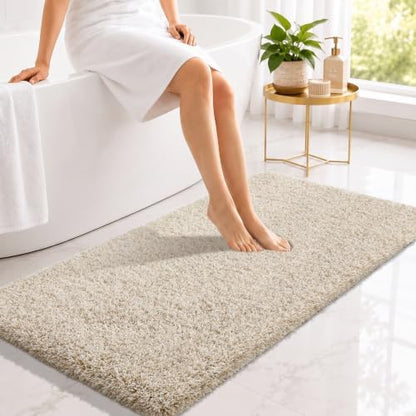 Yimobra Luxury Bathroom Rugs, Fluffy Bath Mats, Non Slip, Water Absorbent Microfiber, Machine Washable, Plush Runner Shower Rugs, Thick Matts for Bathroom Floor/Tub, 47" X 24", Light Beige and White