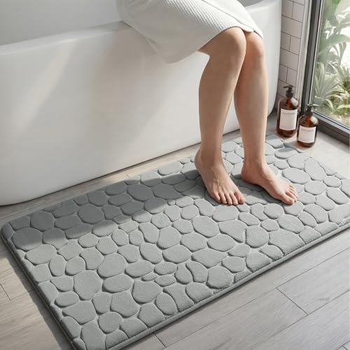 YIHOUSE Memory Foam Runner Rug, Cobblestone Bathroom Runner Rugs Super Water Absorbent Bath Mats for Bathroom Machine Washable Bath Rugs for Hallway Bedroom Laundry Room(26 x 50,Light Gray)