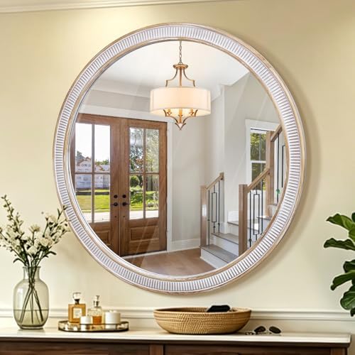 36 Inch Large Round Wood Mirror, Farmhouse Bathroom Mirrors for Wall