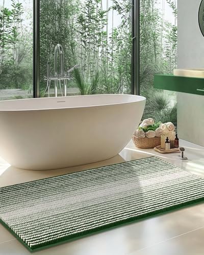 BSICPRO Large Bathroom Rugs Runner, 22x60 Striped Bath Mats, Hunter Green
