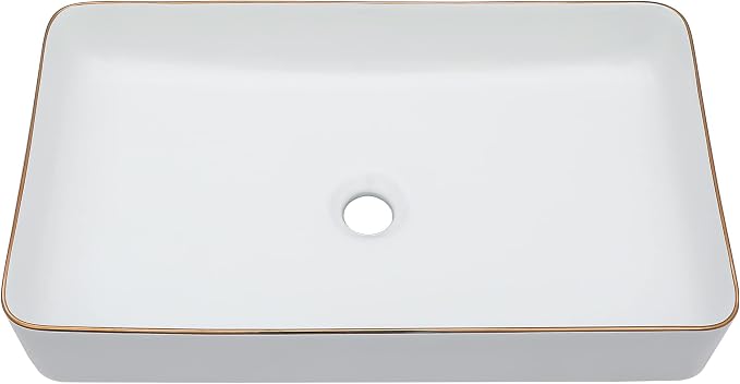 Vessel Sink Rectangular For Bathroom - Fulorni 24"x14" White Bathroom Vessel Sink with Gold Rim Above Counter Rectangle Vanity Lavatory Bath Sink Basin