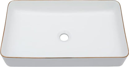 Vessel Sink Rectangular For Bathroom - Fulorni 24"x14" White Bathroom Vessel Sink with Gold Rim Above Counter Rectangle Vanity Lavatory Bath Sink Basin
