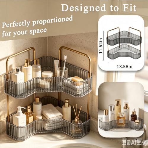 2-Tier Corner Bathroom Organizer, Skincare Vanity Counter Shelf Grey