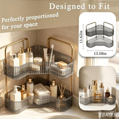2-Tier Corner Bathroom Organizer, Skincare Vanity Counter Shelf Grey