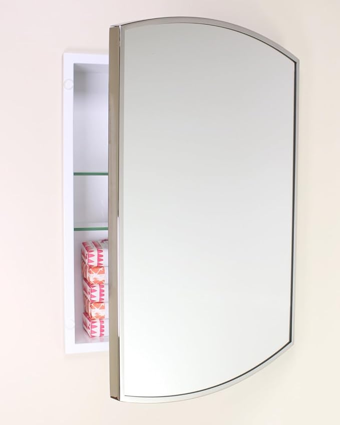 Fox Hollow Furnishings 16x20 Harper Crescent Metal Framed Rectangle Recessed Bathroom Medicine Cabinet, Arced Mirror, 14x18 in-Wall Opening, Adjustable Glass Shelves, Magnet Close, Chrome