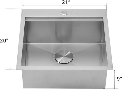HOTIS 21 X 20 Inch Drop In Kitchen Sink, Handmade Stainless Steel Kitchen Sink, Large Residential Sinks with 1 Holes, Single Bowl Workstation with Dish Grid & Drain and Cutting Board