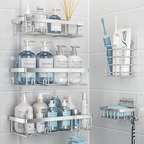 Liuoud 5 Pack Shower Caddy for Inside Shower, Silver Bathroom Storage Decor