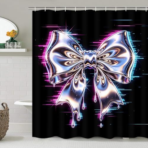 AZHM 4pcs Laser Bow Bathroom Shower Curtain Set with Rugs and Accessories
