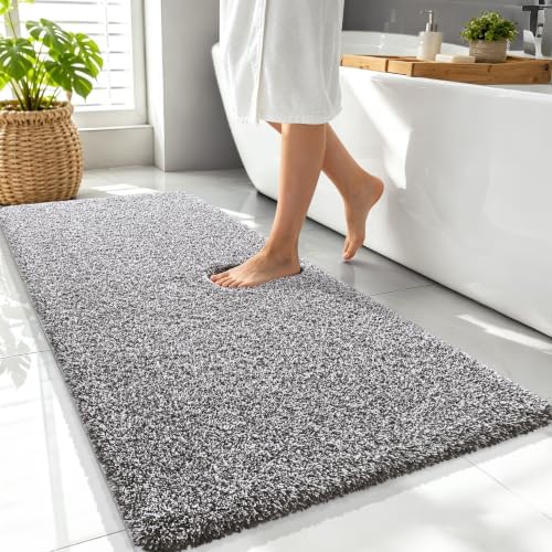 OLANLY Microfiber Bathroom Rugs 47x24, Quick Dry Mat, Dark Brown and White