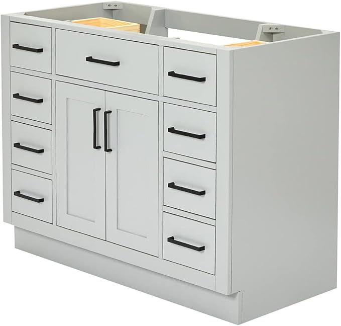 ARIEL Hepburn 42-inch Bathroom Vanity Base Cabinet,Solid Wood, 2 Soft Closing Doors, 9 Dovetail Drawers, Grey