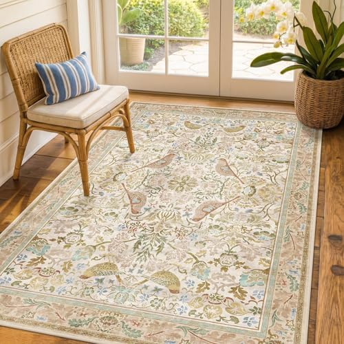Washable Area Rug 4x6 for Living Room - Boho Western Nature Rugs for Bedroom, Kitchen, Office, Large Entryway, Rustic Botanical Decor, Non-Slip Low Pile Beige Ultra Soft Bird Carpet