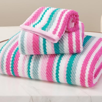 VOOVA & MOVAS Striped Towels 3 Pack, 100% Cotton, Pink Aqua