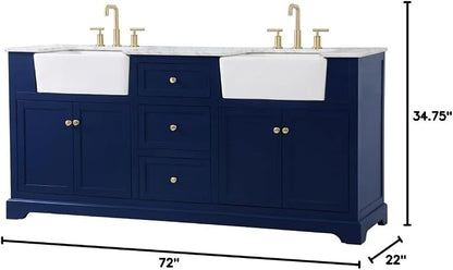 72" Pre-Assembled Bathroom Vanity with Sink, Solid Birch and MDF, Carrara White Marble Countertop Attached, Double Rectangle Porcelain Sink, 3 Soft-Close Drawers, Blue