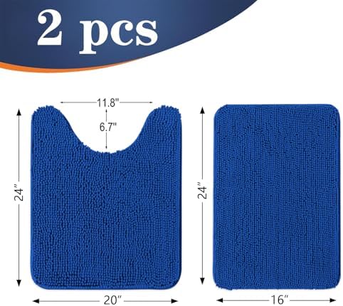OLANLY Chenille Bathroom Rugs Mats Set 2 Piece, 24"x16"+24"x20", Royal Blue