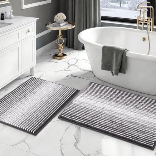 BSICPRO Bathroom Rugs Sets 2 Piece, Non Slip Striped Bath Mats, Gray